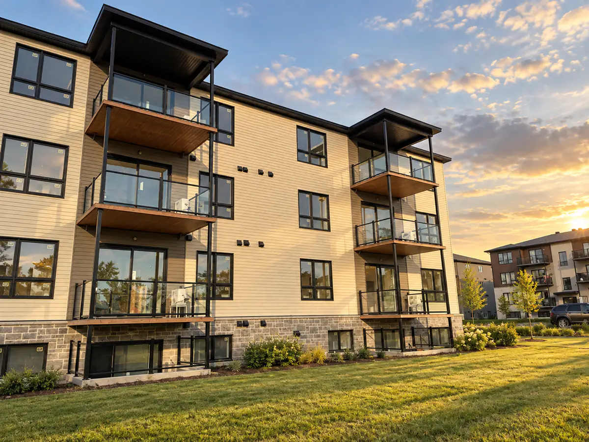 Immeuble de condos au coucher du soleil, balcons noirs