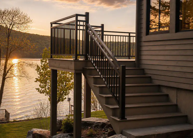 Terrasse et escalier au bord d’un lac, rampe noire à barreaux