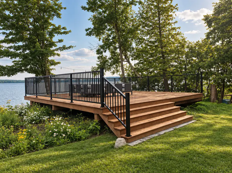Terrasse au bord de l’eau, rampe noire à barreaux et rampe d’escalier