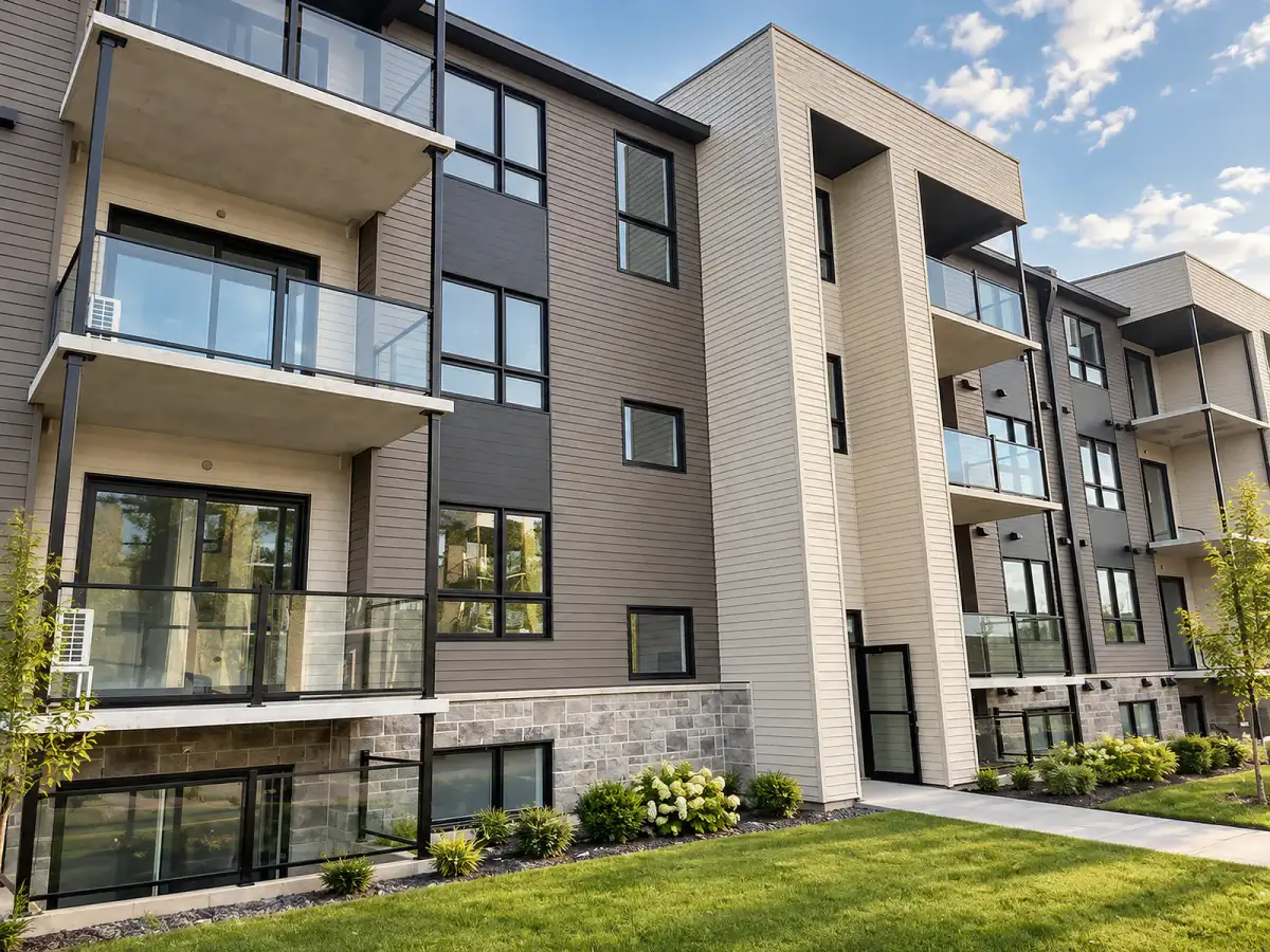 Bâtiment commercial, garde-corps en verre à cadre noir