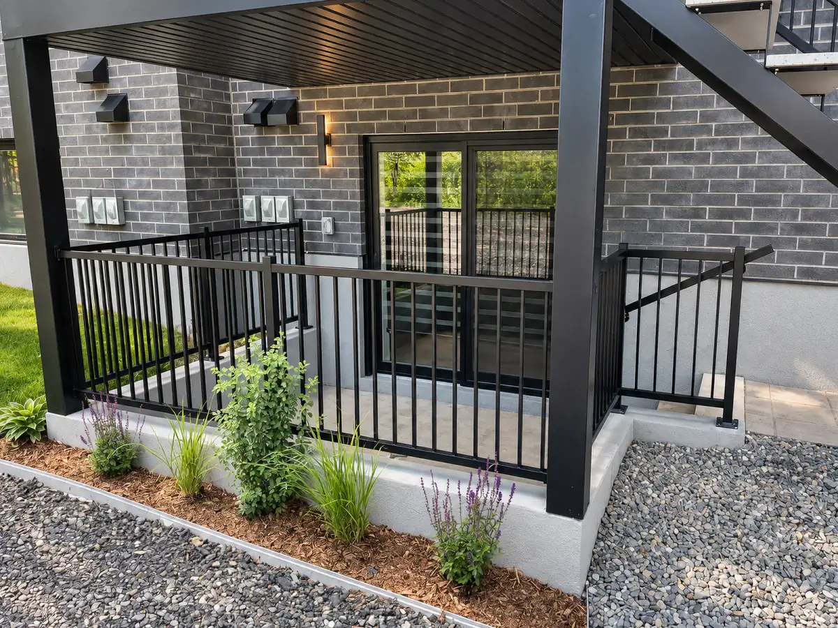 Patio d’immeuble, rampe noire à barreaux et poteaux noirs