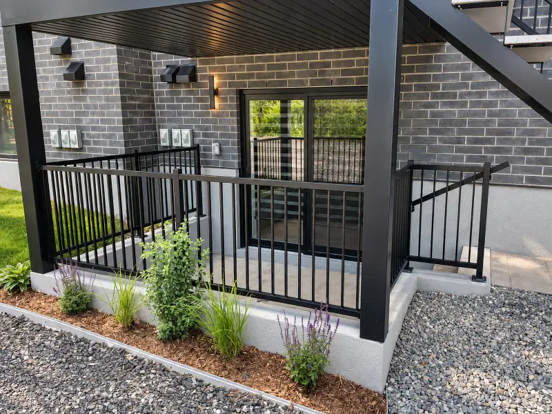 Patio d’immeuble, rampe noire à barreaux et poteaux noirs