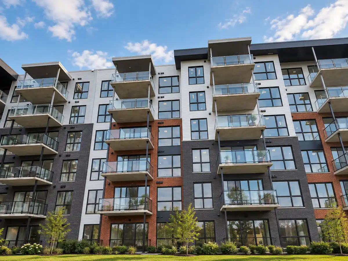 Immeuble de condos, garde-corps en verre à cadre noir