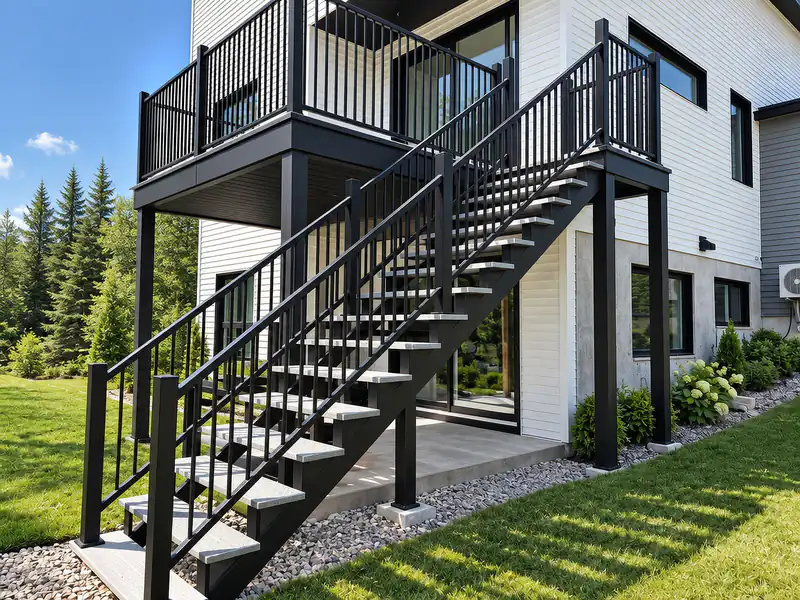 Balcon d’étage et long escalier, rampe noire à barreaux