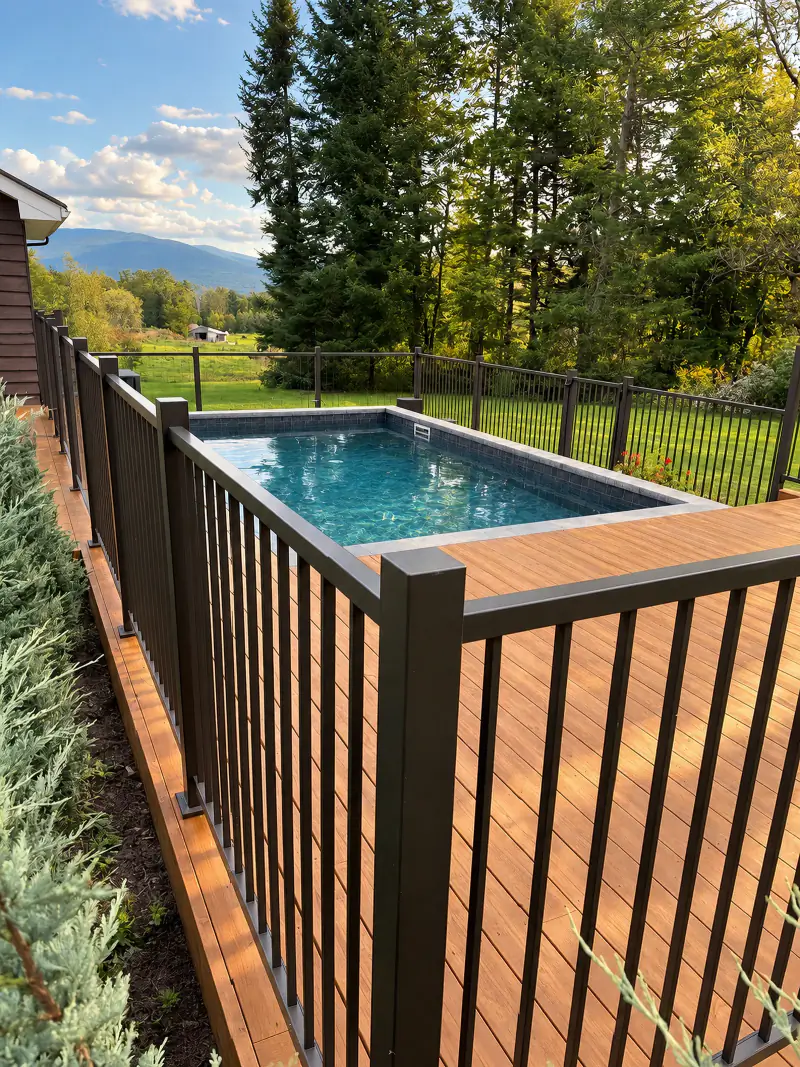 Terrasse de piscine, rampe noire à barreaux
