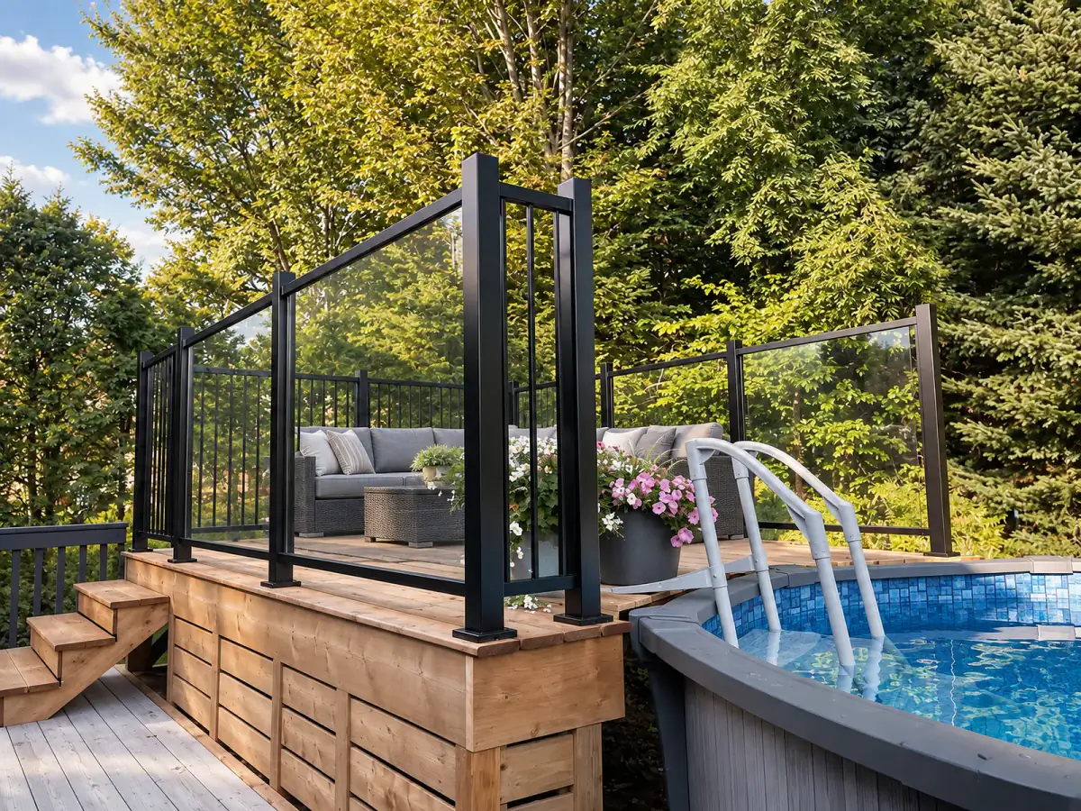 Terrasse de piscine hors terre, verre et barreaux